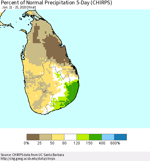 Sri Lanka Percent of Normal Precipitation 5-Day (CHIRPS) Thematic Map For 1/21/2020 - 1/25/2020