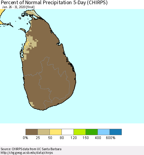 Sri Lanka Percent of Normal Precipitation 5-Day (CHIRPS) Thematic Map For 1/26/2020 - 1/31/2020