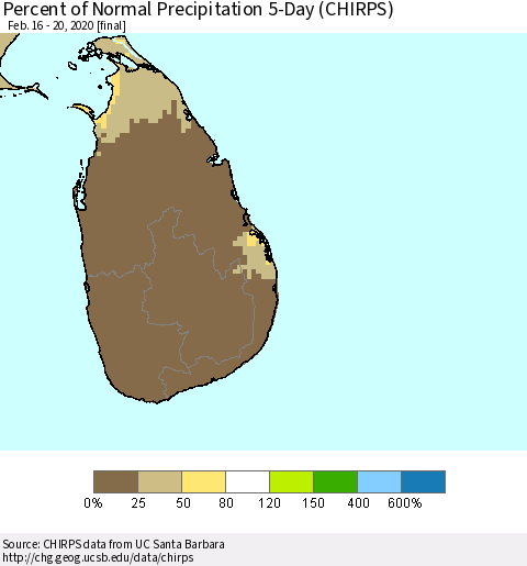 Sri Lanka Percent of Normal Precipitation 5-Day (CHIRPS) Thematic Map For 2/16/2020 - 2/20/2020