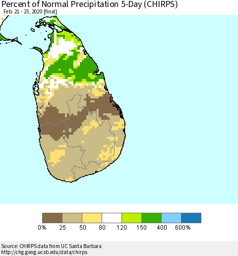 Sri Lanka Percent of Normal Precipitation 5-Day (CHIRPS) Thematic Map For 2/21/2020 - 2/25/2020