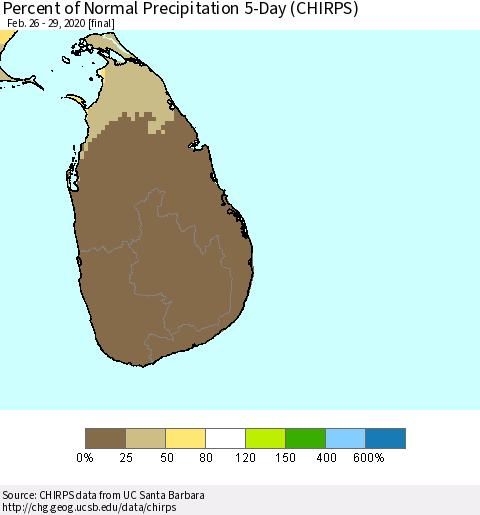 Sri Lanka Percent of Normal Precipitation 5-Day (CHIRPS) Thematic Map For 2/26/2020 - 2/29/2020