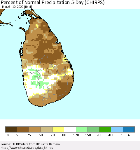 Sri Lanka Percent of Normal Precipitation 5-Day (CHIRPS) Thematic Map For 3/6/2020 - 3/10/2020