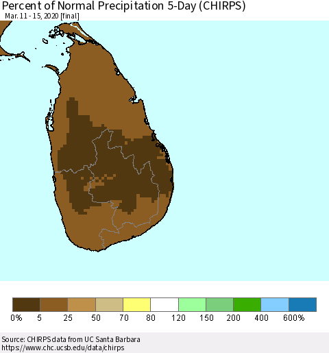 Sri Lanka Percent of Normal Precipitation 5-Day (CHIRPS) Thematic Map For 3/11/2020 - 3/15/2020