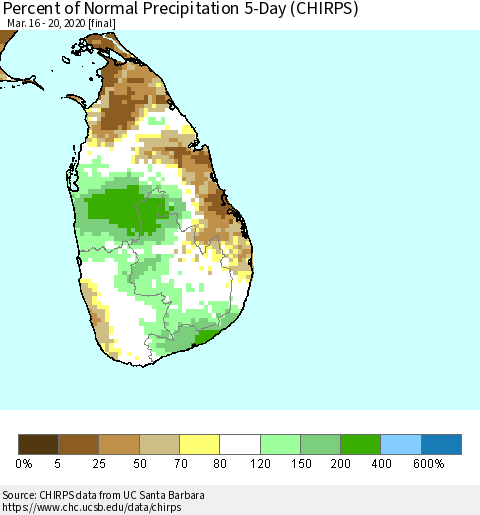 Sri Lanka Percent of Normal Precipitation 5-Day (CHIRPS) Thematic Map For 3/16/2020 - 3/20/2020