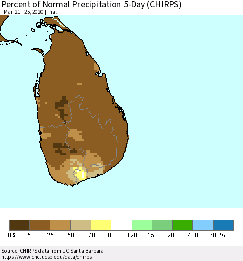 Sri Lanka Percent of Normal Precipitation 5-Day (CHIRPS) Thematic Map For 3/21/2020 - 3/25/2020