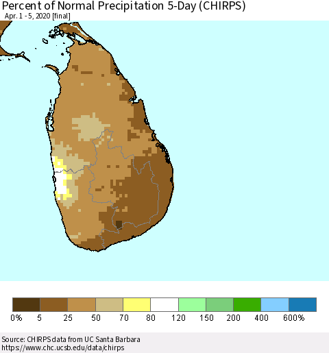 Sri Lanka Percent of Normal Precipitation 5-Day (CHIRPS) Thematic Map For 4/1/2020 - 4/5/2020