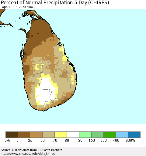 Sri Lanka Percent of Normal Precipitation 5-Day (CHIRPS) Thematic Map For 4/11/2020 - 4/15/2020