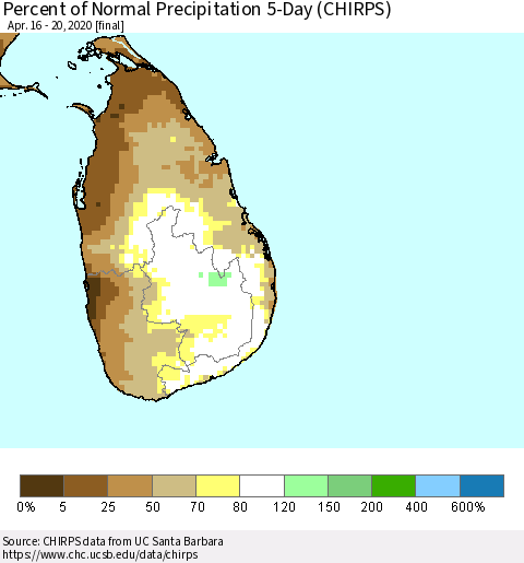 Sri Lanka Percent of Normal Precipitation 5-Day (CHIRPS) Thematic Map For 4/16/2020 - 4/20/2020