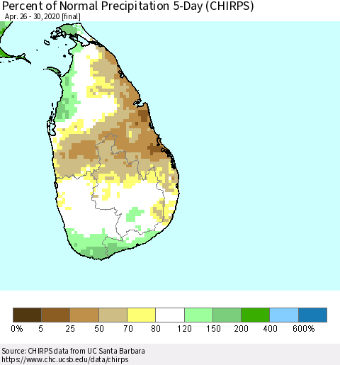 Sri Lanka Percent of Normal Precipitation 5-Day (CHIRPS) Thematic Map For 4/26/2020 - 4/30/2020