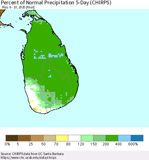 Sri Lanka Percent of Normal Precipitation 5-Day (CHIRPS) Thematic Map For 5/6/2020 - 5/10/2020
