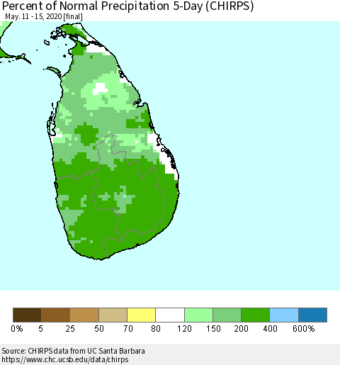 Sri Lanka Percent of Normal Precipitation 5-Day (CHIRPS) Thematic Map For 5/11/2020 - 5/15/2020