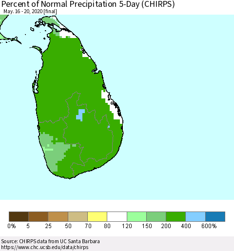 Sri Lanka Percent of Normal Precipitation 5-Day (CHIRPS) Thematic Map For 5/16/2020 - 5/20/2020