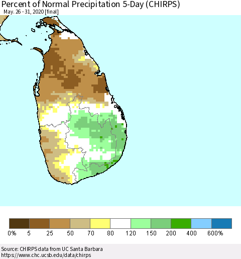 Sri Lanka Percent of Normal Precipitation 5-Day (CHIRPS) Thematic Map For 5/26/2020 - 5/31/2020