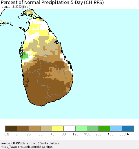 Sri Lanka Percent of Normal Precipitation 5-Day (CHIRPS) Thematic Map For 6/1/2020 - 6/5/2020