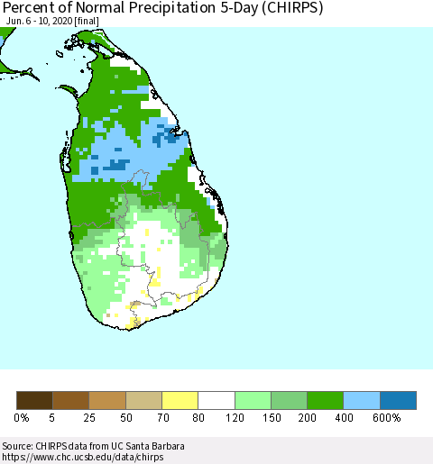 Sri Lanka Percent of Normal Precipitation 5-Day (CHIRPS) Thematic Map For 6/6/2020 - 6/10/2020