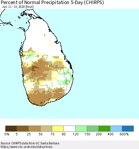 Sri Lanka Percent of Normal Precipitation 5-Day (CHIRPS) Thematic Map For 6/11/2020 - 6/15/2020