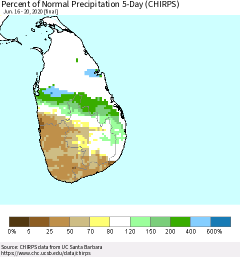Sri Lanka Percent of Normal Precipitation 5-Day (CHIRPS) Thematic Map For 6/16/2020 - 6/20/2020