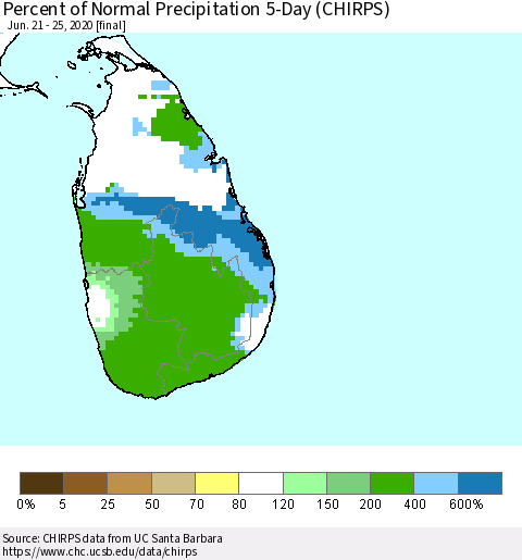 Sri Lanka Percent of Normal Precipitation 5-Day (CHIRPS) Thematic Map For 6/21/2020 - 6/25/2020