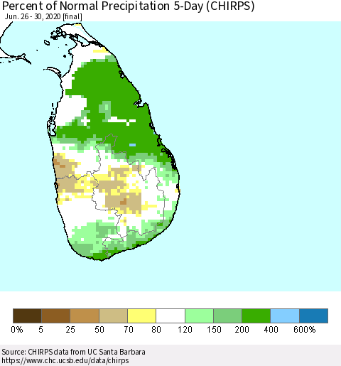 Sri Lanka Percent of Normal Precipitation 5-Day (CHIRPS) Thematic Map For 6/26/2020 - 6/30/2020