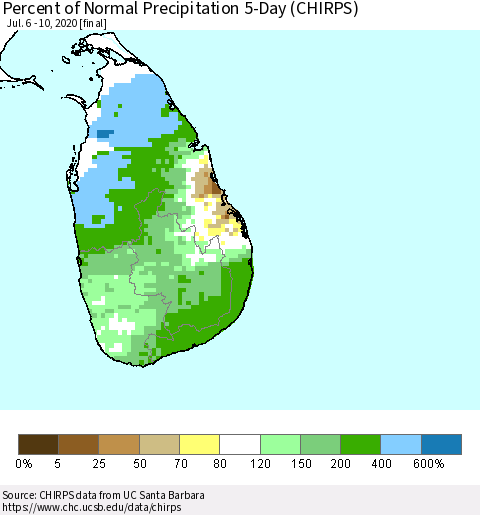 Sri Lanka Percent of Normal Precipitation 5-Day (CHIRPS) Thematic Map For 7/6/2020 - 7/10/2020