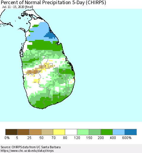 Sri Lanka Percent of Normal Precipitation 5-Day (CHIRPS) Thematic Map For 7/11/2020 - 7/15/2020