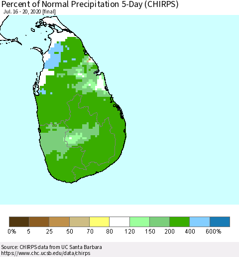 Sri Lanka Percent of Normal Precipitation 5-Day (CHIRPS) Thematic Map For 7/16/2020 - 7/20/2020