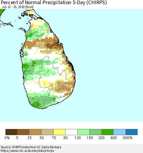 Sri Lanka Percent of Normal Precipitation 5-Day (CHIRPS) Thematic Map For 7/21/2020 - 7/25/2020