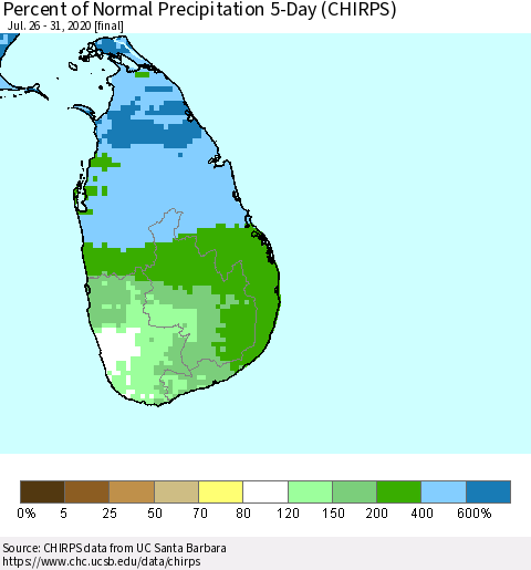 Sri Lanka Percent of Normal Precipitation 5-Day (CHIRPS) Thematic Map For 7/26/2020 - 7/31/2020