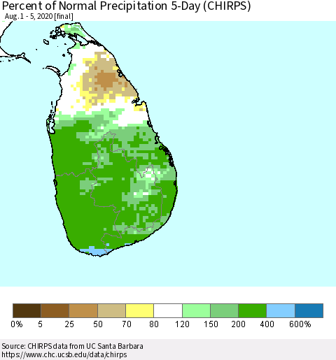 Sri Lanka Percent of Normal Precipitation 5-Day (CHIRPS) Thematic Map For 8/1/2020 - 8/5/2020