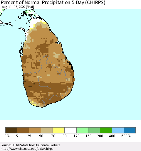 Sri Lanka Percent of Normal Precipitation 5-Day (CHIRPS) Thematic Map For 8/11/2020 - 8/15/2020