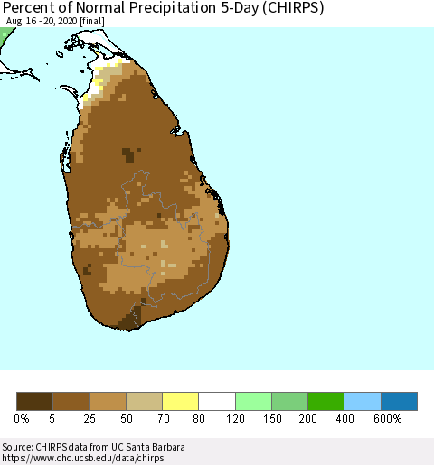 Sri Lanka Percent of Normal Precipitation 5-Day (CHIRPS) Thematic Map For 8/16/2020 - 8/20/2020