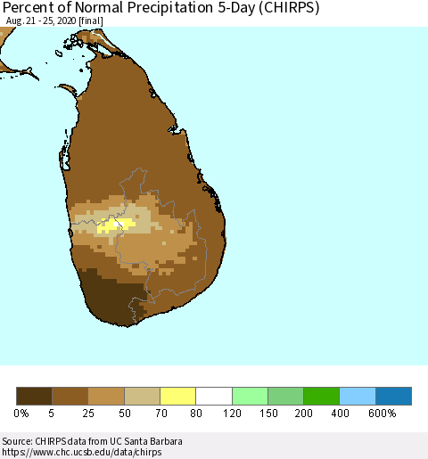 Sri Lanka Percent of Normal Precipitation 5-Day (CHIRPS) Thematic Map For 8/21/2020 - 8/25/2020