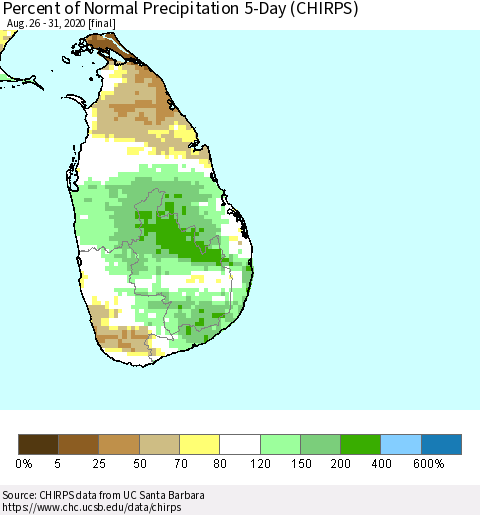 Sri Lanka Percent of Normal Precipitation 5-Day (CHIRPS) Thematic Map For 8/26/2020 - 8/31/2020