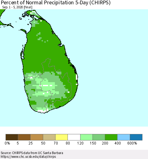 Sri Lanka Percent of Normal Precipitation 5-Day (CHIRPS) Thematic Map For 9/1/2020 - 9/5/2020