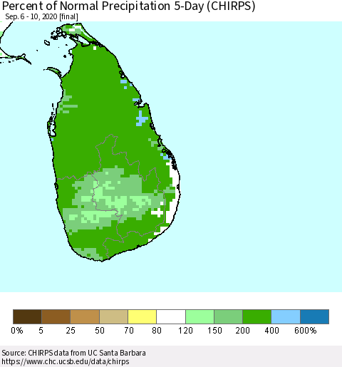 Sri Lanka Percent of Normal Precipitation 5-Day (CHIRPS) Thematic Map For 9/6/2020 - 9/10/2020