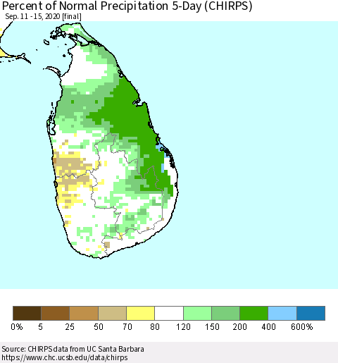 Sri Lanka Percent of Normal Precipitation 5-Day (CHIRPS) Thematic Map For 9/11/2020 - 9/15/2020
