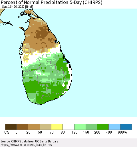 Sri Lanka Percent of Normal Precipitation 5-Day (CHIRPS) Thematic Map For 9/16/2020 - 9/20/2020