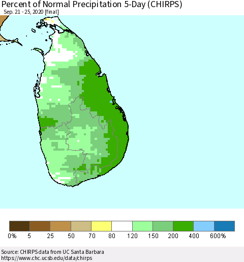 Sri Lanka Percent of Normal Precipitation 5-Day (CHIRPS) Thematic Map For 9/21/2020 - 9/25/2020