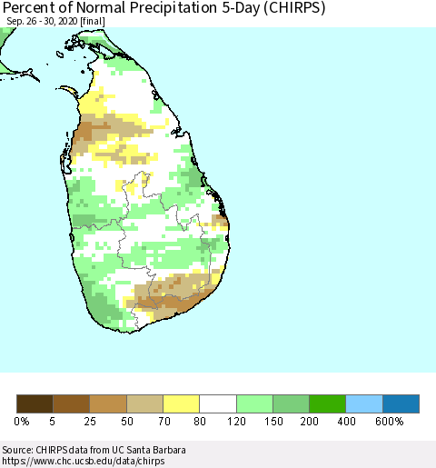 Sri Lanka Percent of Normal Precipitation 5-Day (CHIRPS) Thematic Map For 9/26/2020 - 9/30/2020