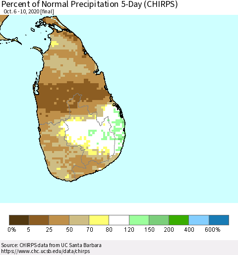Sri Lanka Percent of Normal Precipitation 5-Day (CHIRPS) Thematic Map For 10/6/2020 - 10/10/2020