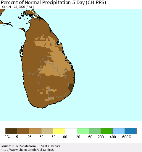 Sri Lanka Percent of Normal Precipitation 5-Day (CHIRPS) Thematic Map For 10/21/2020 - 10/25/2020