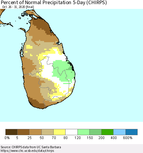 Sri Lanka Percent of Normal Precipitation 5-Day (CHIRPS) Thematic Map For 10/26/2020 - 10/31/2020
