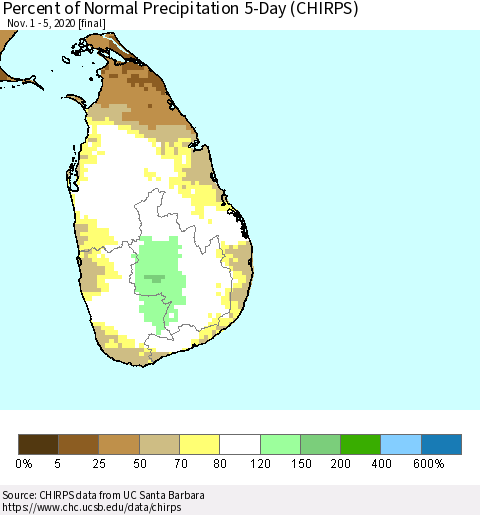 Sri Lanka Percent of Normal Precipitation 5-Day (CHIRPS) Thematic Map For 11/1/2020 - 11/5/2020