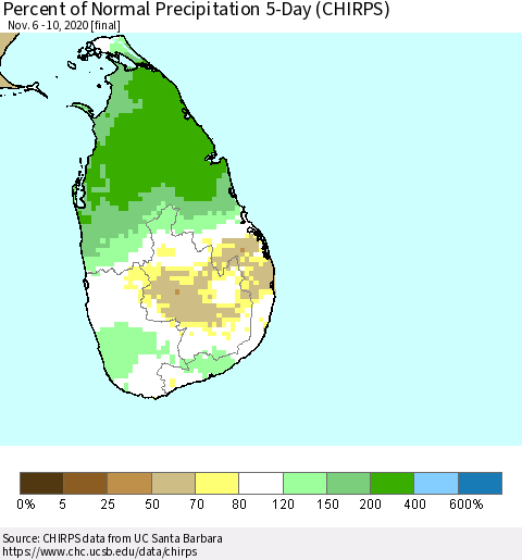 Sri Lanka Percent of Normal Precipitation 5-Day (CHIRPS) Thematic Map For 11/6/2020 - 11/10/2020