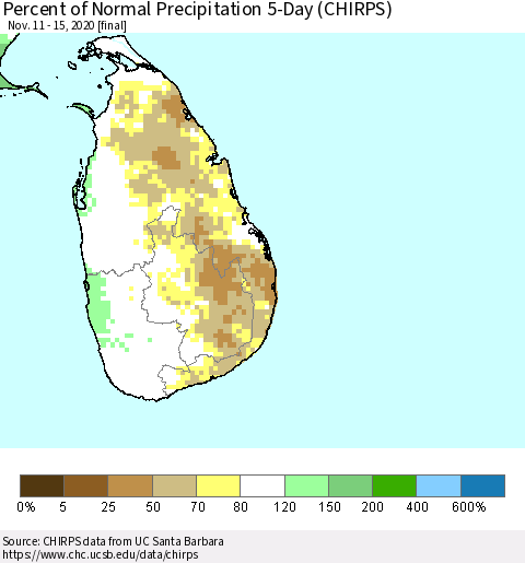 Sri Lanka Percent of Normal Precipitation 5-Day (CHIRPS) Thematic Map For 11/11/2020 - 11/15/2020