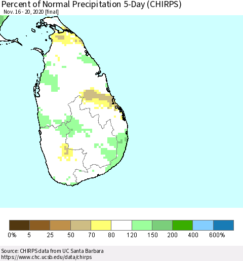 Sri Lanka Percent of Normal Precipitation 5-Day (CHIRPS) Thematic Map For 11/16/2020 - 11/20/2020