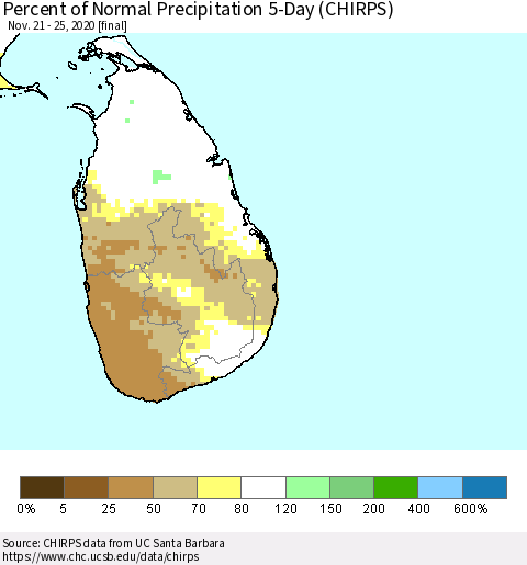 Sri Lanka Percent of Normal Precipitation 5-Day (CHIRPS) Thematic Map For 11/21/2020 - 11/25/2020