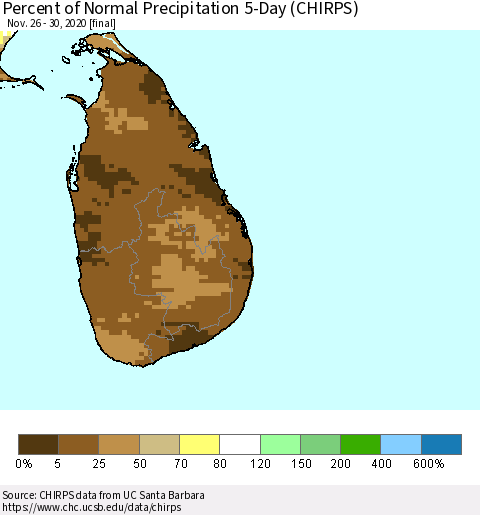 Sri Lanka Percent of Normal Precipitation 5-Day (CHIRPS) Thematic Map For 11/26/2020 - 11/30/2020