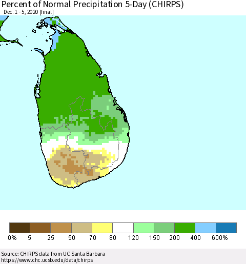 Sri Lanka Percent of Normal Precipitation 5-Day (CHIRPS) Thematic Map For 12/1/2020 - 12/5/2020