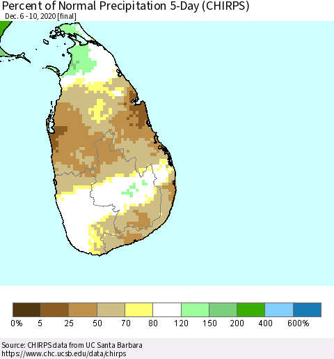 Sri Lanka Percent of Normal Precipitation 5-Day (CHIRPS) Thematic Map For 12/6/2020 - 12/10/2020